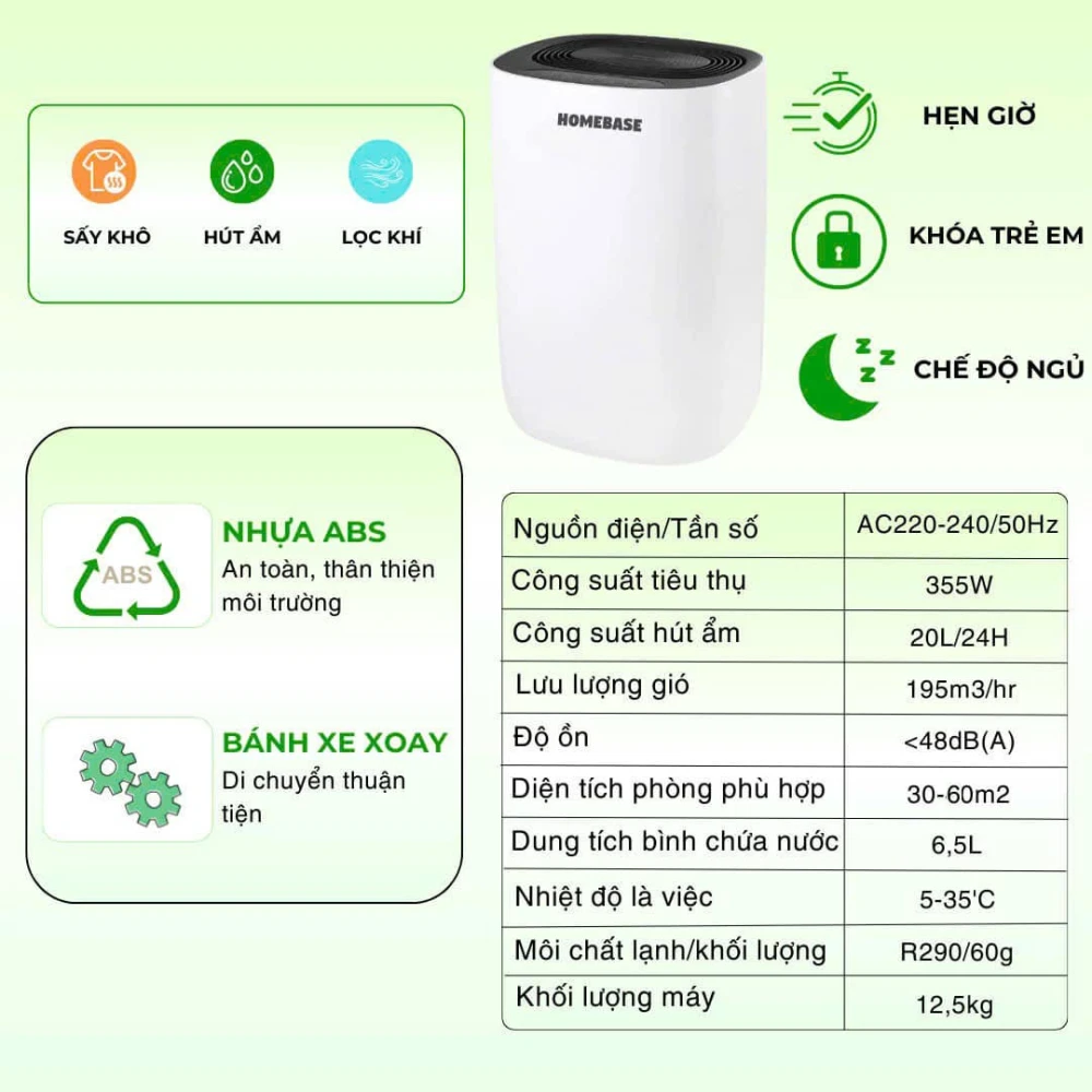 Máy hút ẩm, lọc không khí Homebase dung tích 20L cho phòng từ 30-60m2 - Ảnh 2